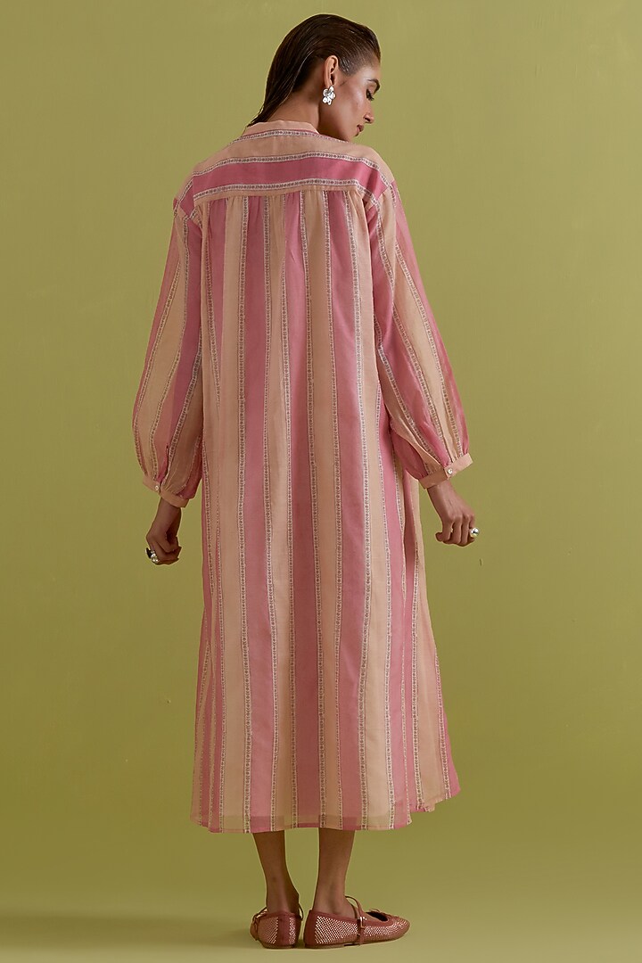 Pink & Peach Cotton Chanderi Hand-Block Stripe Printed Summer Dress by Kora at Pernia's Pop Up Shop