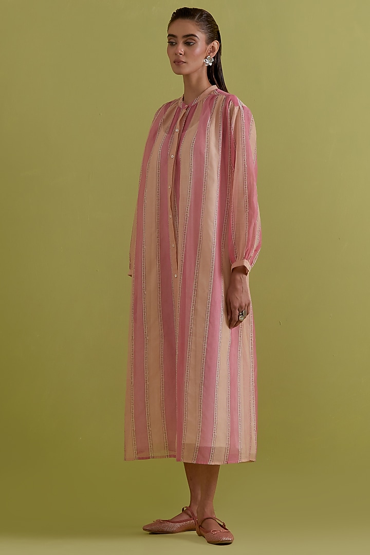 Pink & Peach Cotton Chanderi Hand-Block Stripe Printed Summer Dress by Kora at Pernia's Pop Up Shop