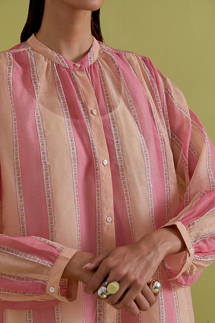 Pink & Peach Cotton Chanderi Hand-Block Stripe Printed Summer Dress by Kora at Pernia's Pop Up Shop