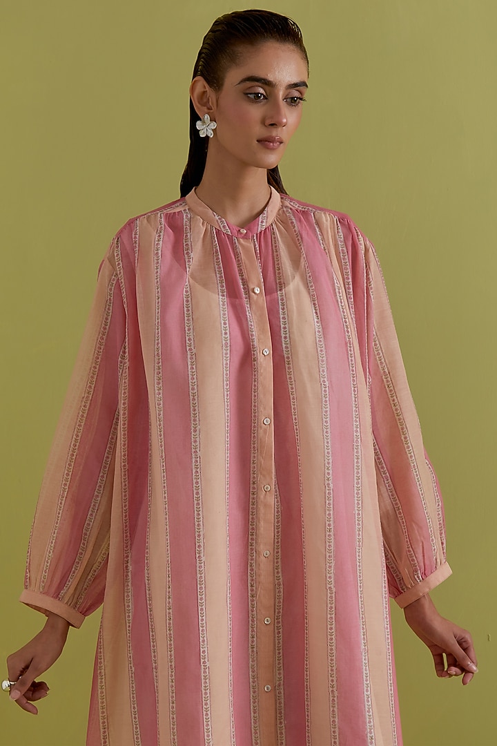 Pink & Peach Cotton Chanderi Hand-Block Stripe Printed Summer Dress by Kora at Pernia's Pop Up Shop