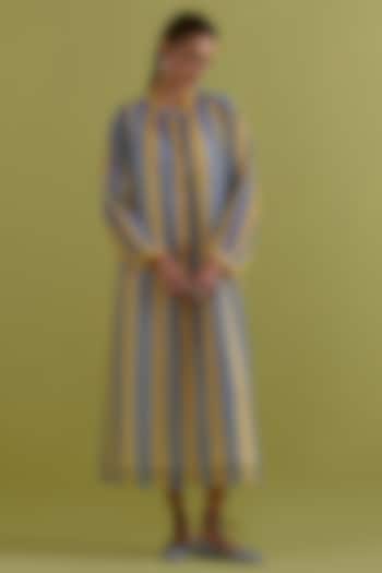 Blue & Yellow Cotton Chanderi Hand-Block Stripe Printed Summer Dress by Kora at Pernia's Pop Up Shop
