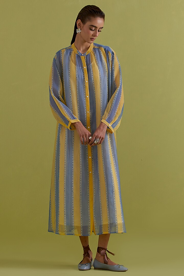 Blue & Yellow Cotton Chanderi Hand-Block Stripe Printed Summer Dress by Kora at Pernia's Pop Up Shop