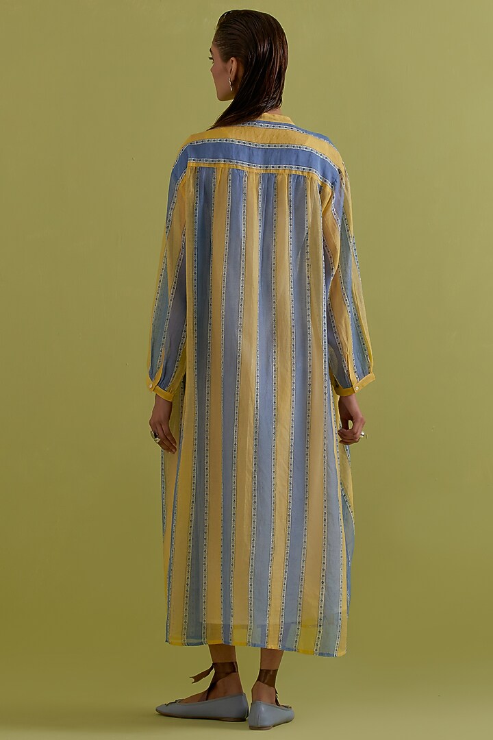 Blue & Yellow Cotton Chanderi Hand-Block Stripe Printed Summer Dress by Kora at Pernia's Pop Up Shop