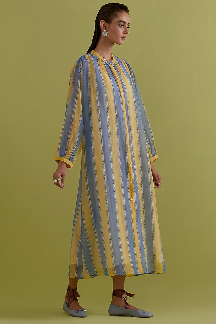 Blue & Yellow Cotton Chanderi Hand-Block Stripe Printed Summer Dress by Kora at Pernia's Pop Up Shop