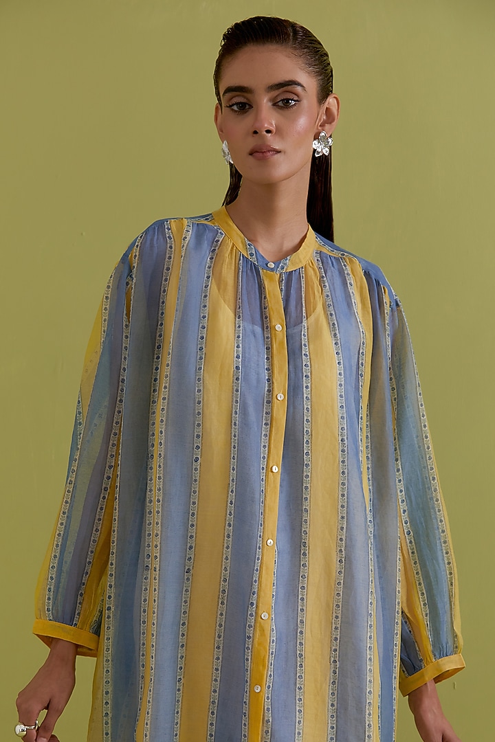 Blue & Yellow Cotton Chanderi Hand-Block Stripe Printed Summer Dress by Kora at Pernia's Pop Up Shop