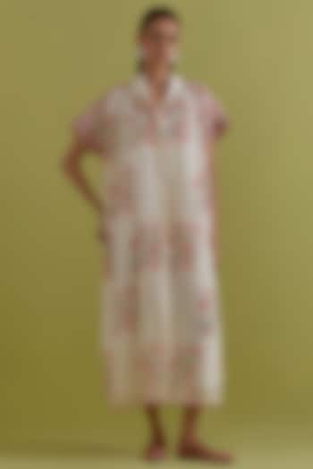 Pink & Green Cotton Chanderi Hand-Block Floral Printed Summer Dress by Kora at Pernia's Pop Up Shop