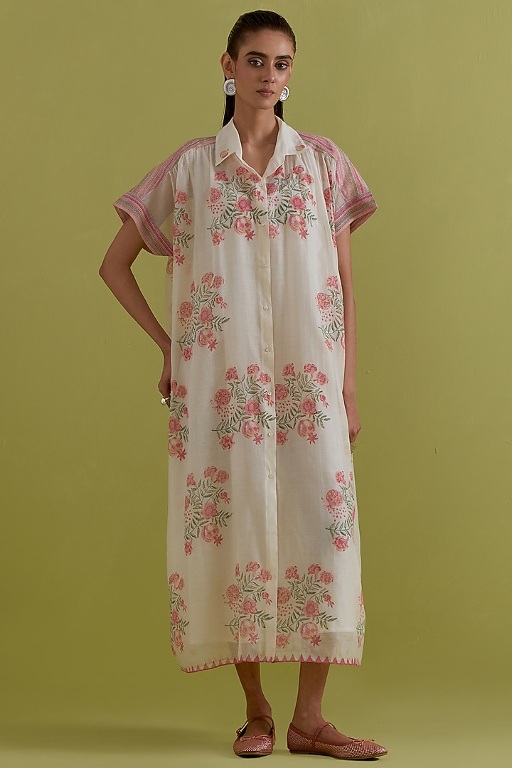 Pink & Green Cotton Chanderi Hand-Block Floral Printed Summer Dress by Kora at Pernia's Pop Up Shop