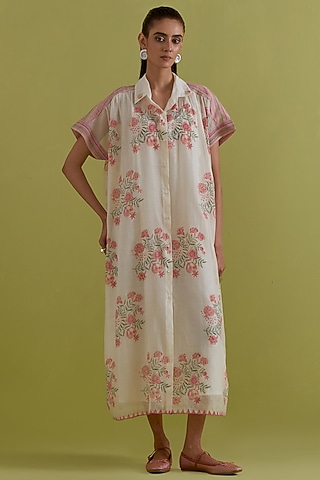 Pink & Green Cotton Chanderi Hand-Block Floral Printed Dress by Kora