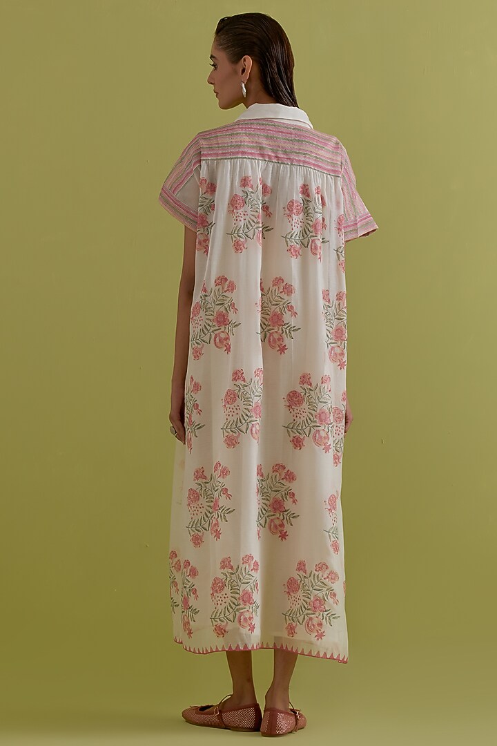 Pink & Green Cotton Chanderi Hand-Block Floral Printed Summer Dress by Kora at Pernia's Pop Up Shop