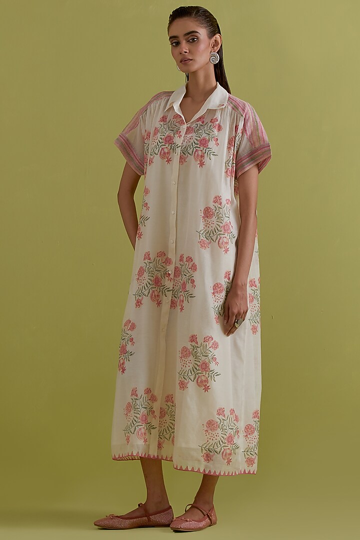 Pink & Green Cotton Chanderi Hand-Block Floral Printed Summer Dress by Kora at Pernia's Pop Up Shop