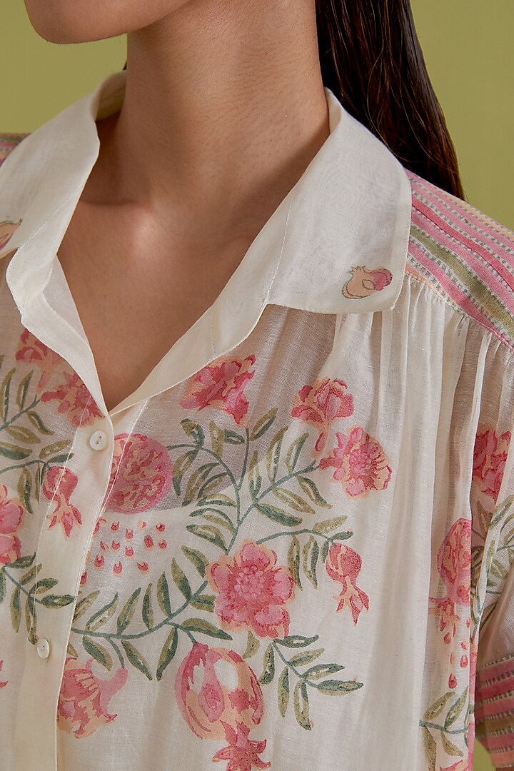 Pink & Green Cotton Chanderi Hand-Block Floral Printed Summer Dress by Kora at Pernia's Pop Up Shop