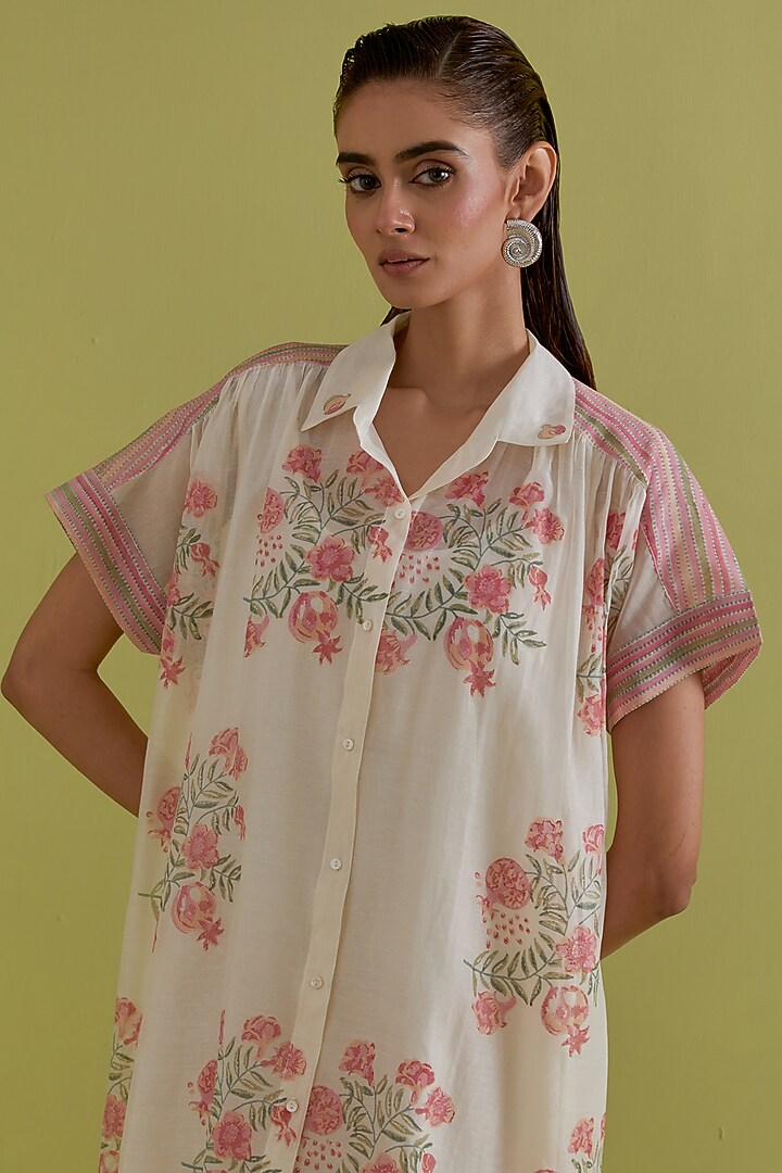 Pink & Green Cotton Chanderi Hand-Block Floral Printed Summer Dress by Kora at Pernia's Pop Up Shop