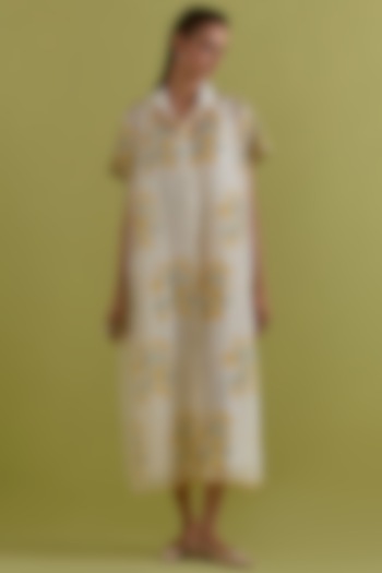 Yellow & Green Cotton Chanderi Hand-Block Floral Printed Summer Dress by Kora at Pernia's Pop Up Shop
