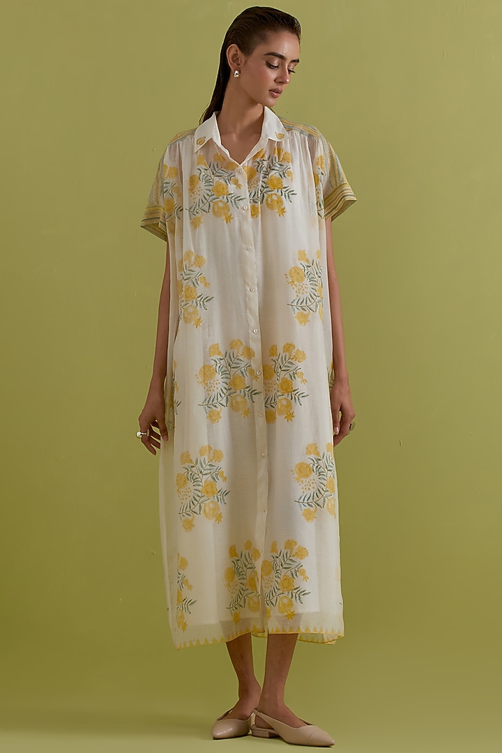 Yellow & Green Cotton Chanderi Hand-Block Floral Printed Summer Dress by Kora at Pernia's Pop Up Shop