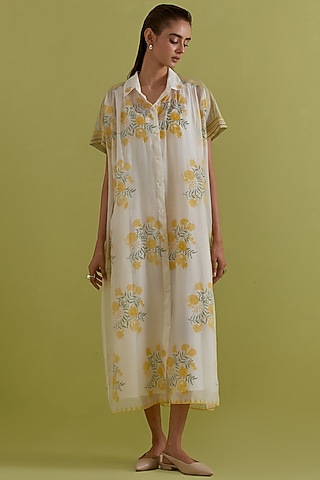 Yellow & Green Cotton Chanderi Hand-Block Floral Printed Dress by Kora