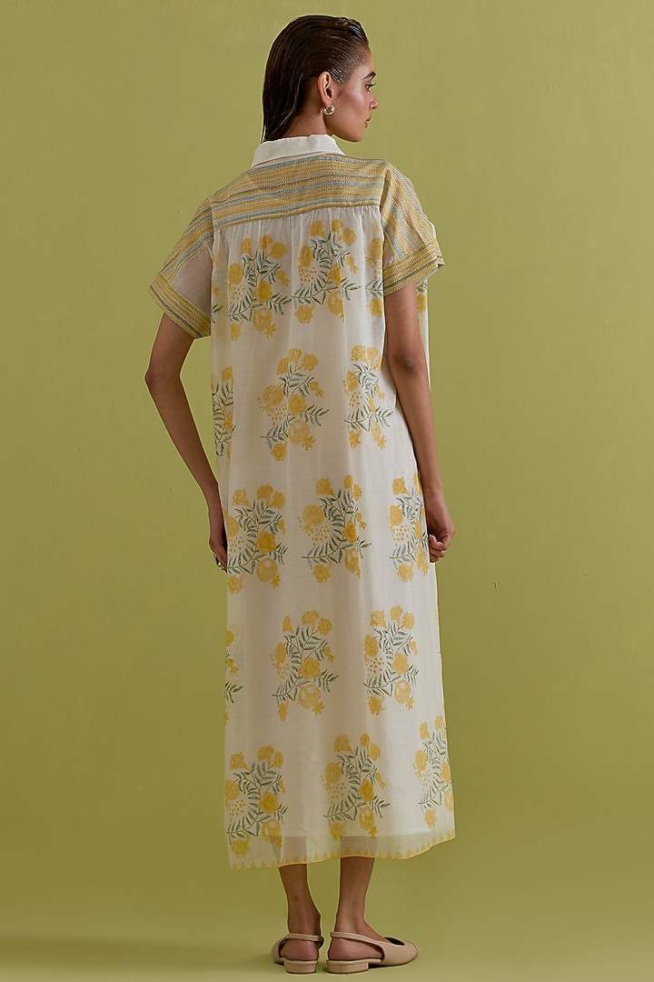 Yellow & Green Cotton Chanderi Hand-Block Floral Printed Summer Dress by Kora at Pernia's Pop Up Shop