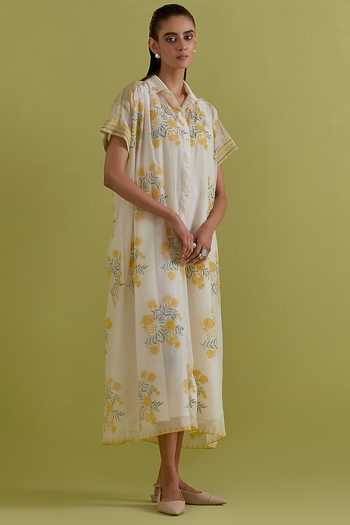 Yellow & Green Cotton Chanderi Hand-Block Floral Printed Summer Dress by Kora at Pernia's Pop Up Shop