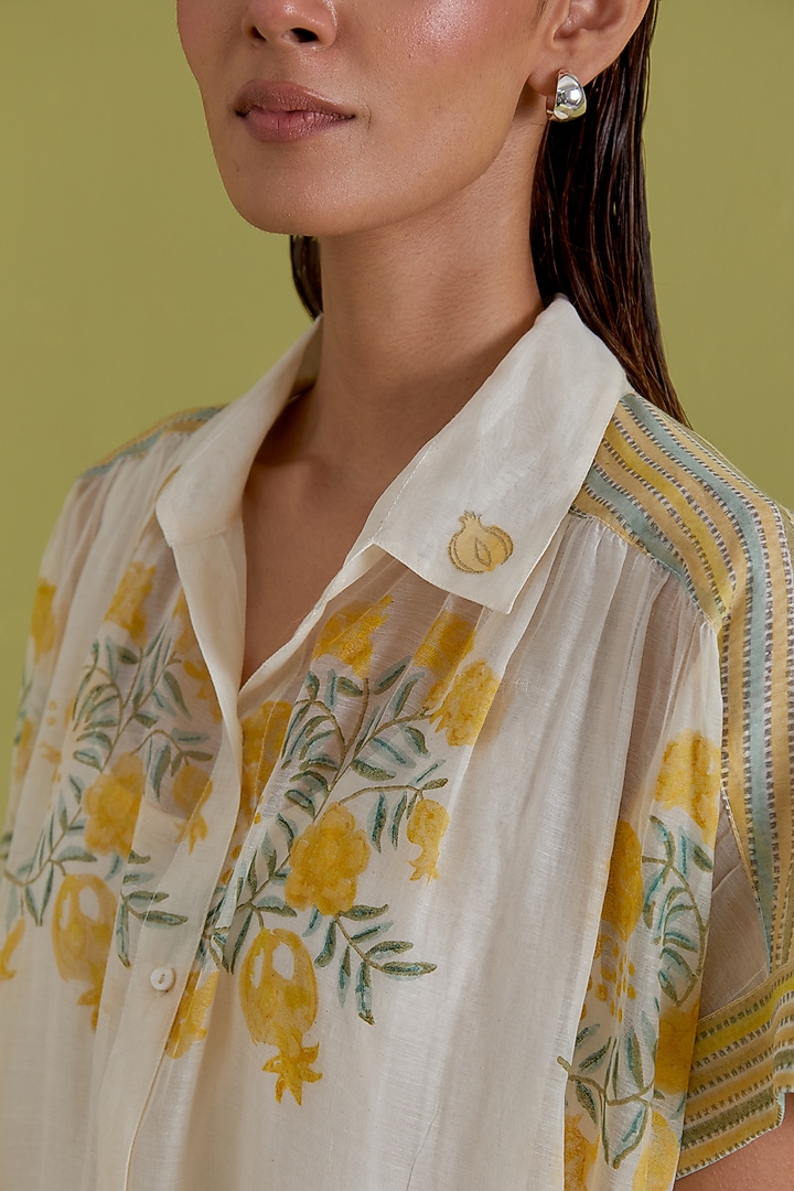 Yellow & Green Cotton Chanderi Hand-Block Floral Printed Summer Dress by Kora at Pernia's Pop Up Shop