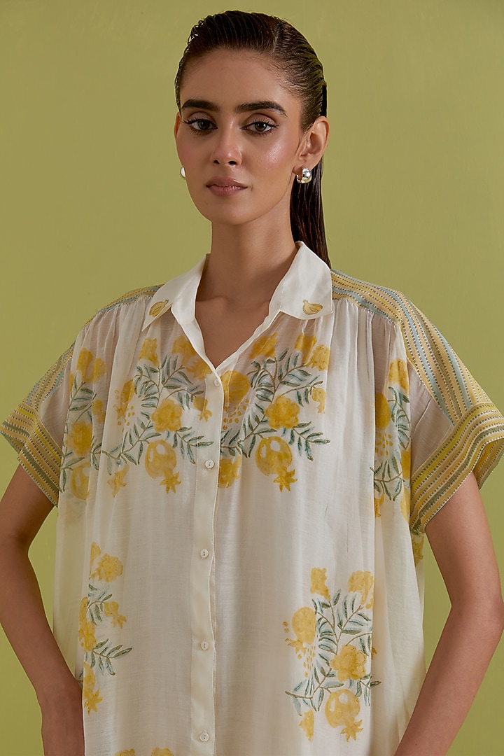 Yellow & Green Cotton Chanderi Hand-Block Floral Printed Summer Dress by Kora at Pernia's Pop Up Shop