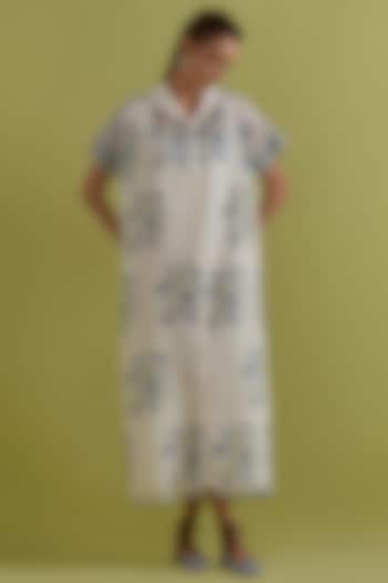Blue & Green Cotton Chanderi Hand-Block Floral Printed Summer Dress by Kora at Pernia's Pop Up Shop