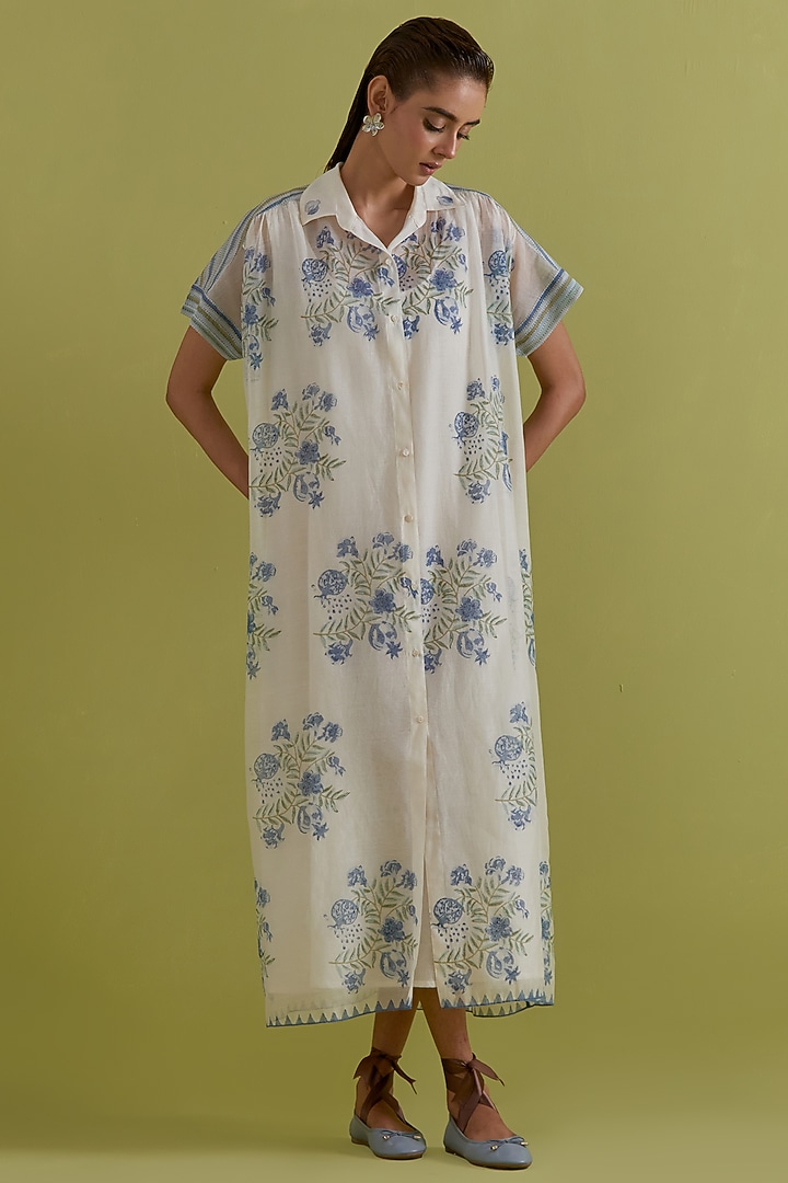 Blue & Green Cotton Chanderi Hand-Block Floral Printed Summer Dress by Kora at Pernia's Pop Up Shop