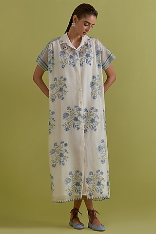 Blue & Green Cotton Chanderi Hand-Block Floral Printed Dress by Kora