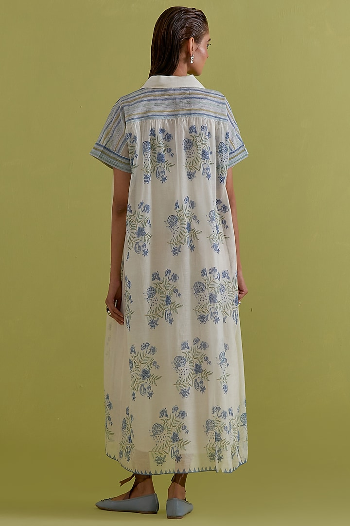 Blue & Green Cotton Chanderi Hand-Block Floral Printed Summer Dress by Kora at Pernia's Pop Up Shop