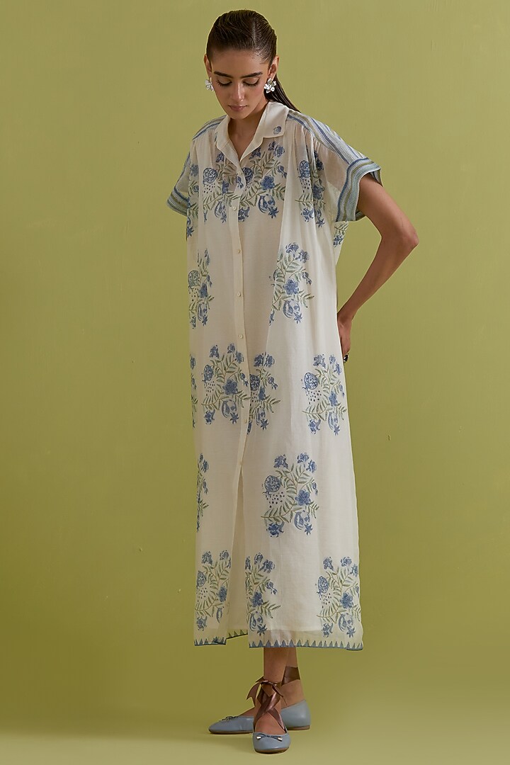 Blue & Green Cotton Chanderi Hand-Block Floral Printed Summer Dress by Kora at Pernia's Pop Up Shop