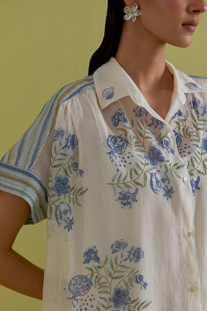 Blue & Green Cotton Chanderi Hand-Block Floral Printed Summer Dress by Kora at Pernia's Pop Up Shop