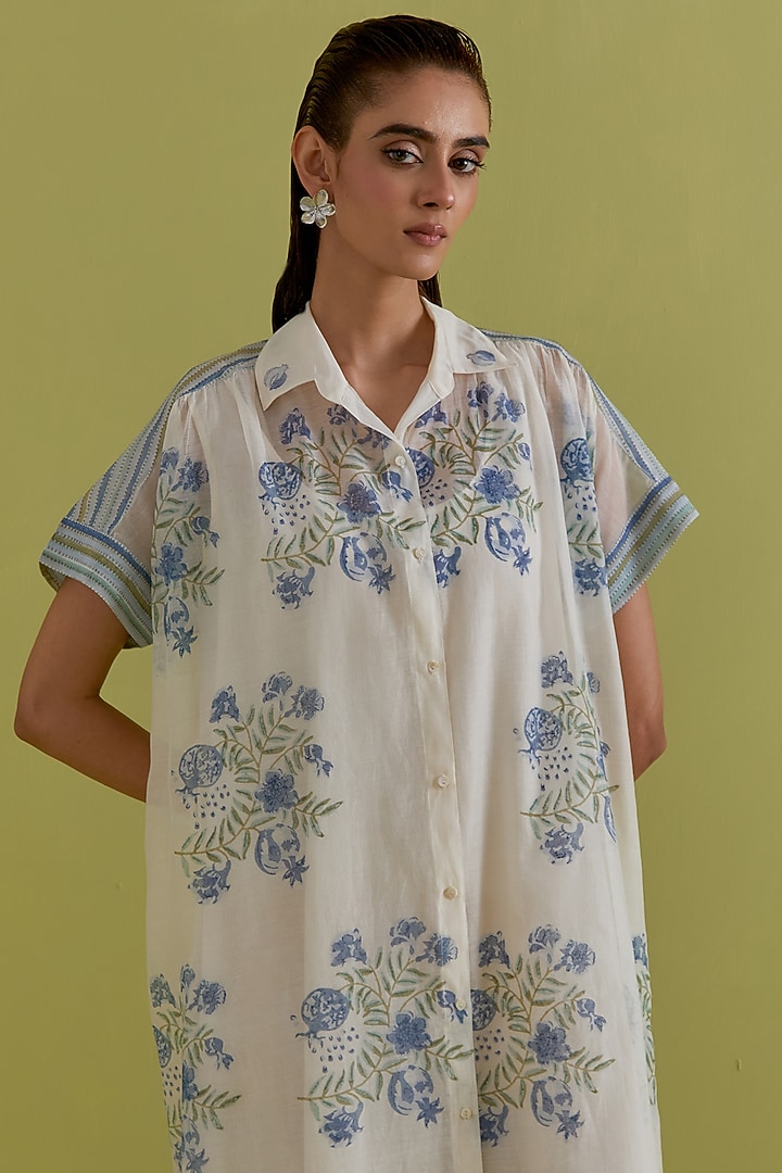 Blue & Green Cotton Chanderi Hand-Block Floral Printed Summer Dress by Kora at Pernia's Pop Up Shop