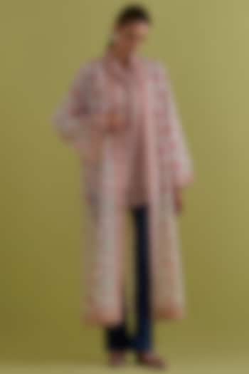 Pink & Green Cotton Chanderi Hand-Block Printed Long Overlay by Kora at Pernia's Pop Up Shop
