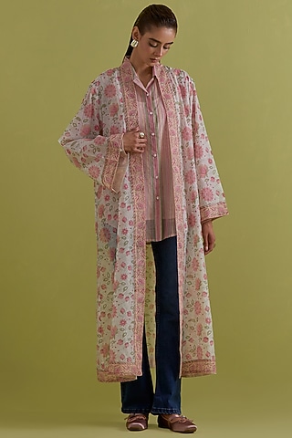 Pink & Green Cotton Chanderi Hand-Block Printed Long Overlay by Kora