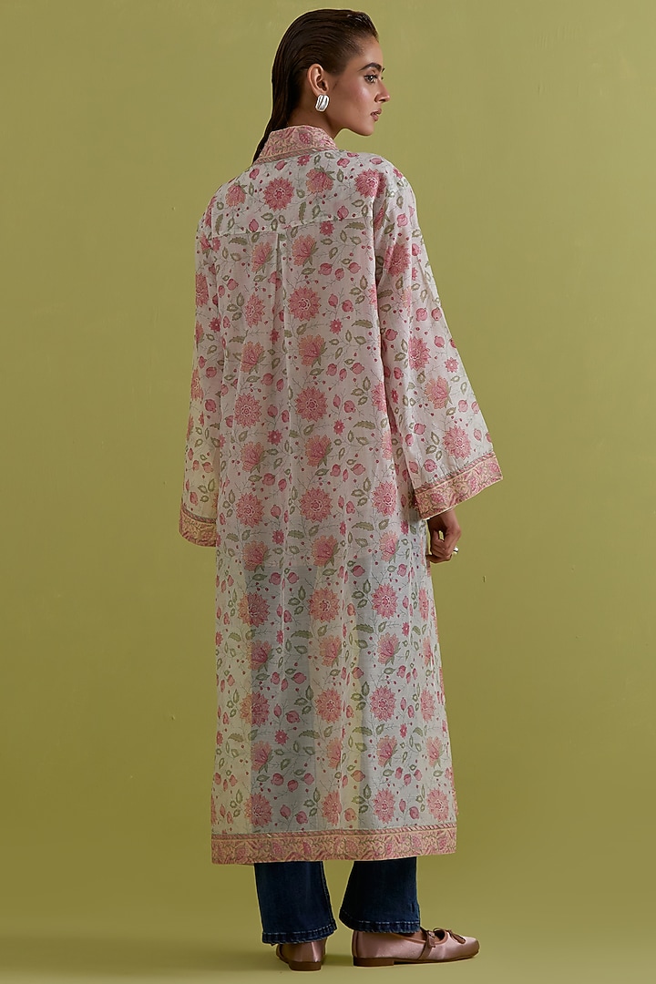 Pink & Green Cotton Chanderi Hand-Block Printed Long Overlay by Kora at Pernia's Pop Up Shop
