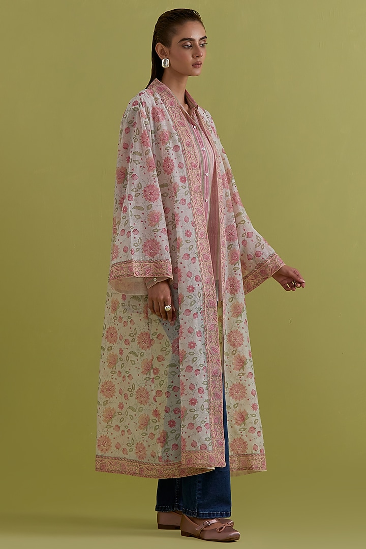 Pink & Green Cotton Chanderi Hand-Block Printed Long Overlay by Kora at Pernia's Pop Up Shop