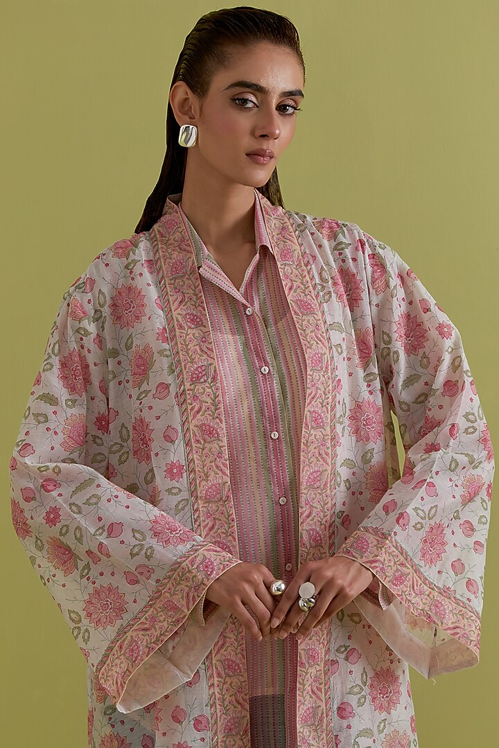 Pink & Green Cotton Chanderi Hand-Block Printed Long Overlay by Kora at Pernia's Pop Up Shop