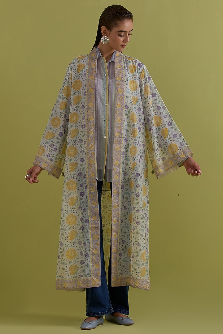 Yellow & Purple Cotton Chanderi Hand-Block Printed Long Overlay by Kora at Pernia's Pop Up Shop