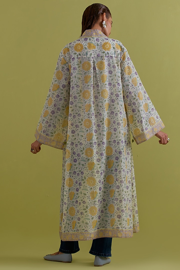 Yellow & Purple Cotton Chanderi Hand-Block Printed Long Overlay by Kora at Pernia's Pop Up Shop