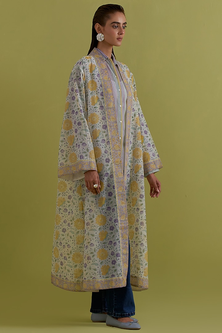 Yellow & Purple Cotton Chanderi Hand-Block Printed Long Overlay by Kora at Pernia's Pop Up Shop