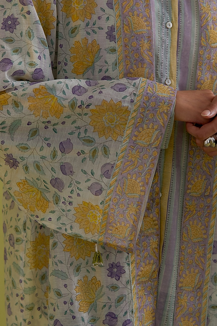 Yellow & Purple Cotton Chanderi Hand-Block Printed Long Overlay by Kora at Pernia's Pop Up Shop
