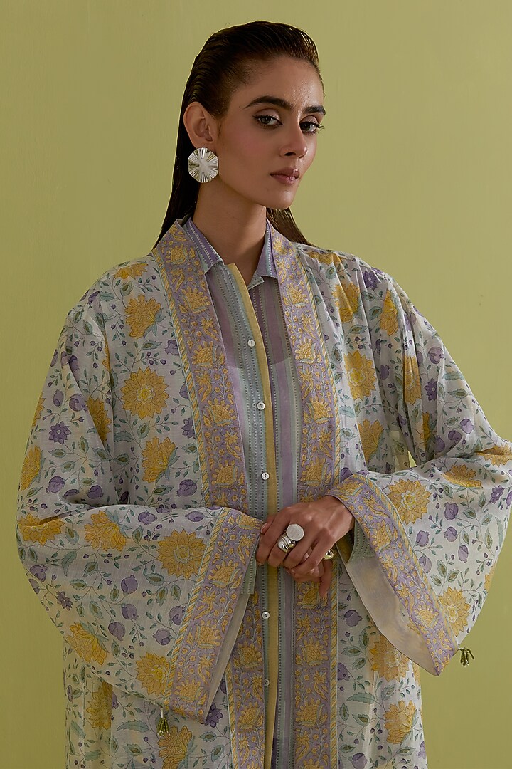 Yellow & Purple Cotton Chanderi Hand-Block Printed Long Overlay by Kora at Pernia's Pop Up Shop