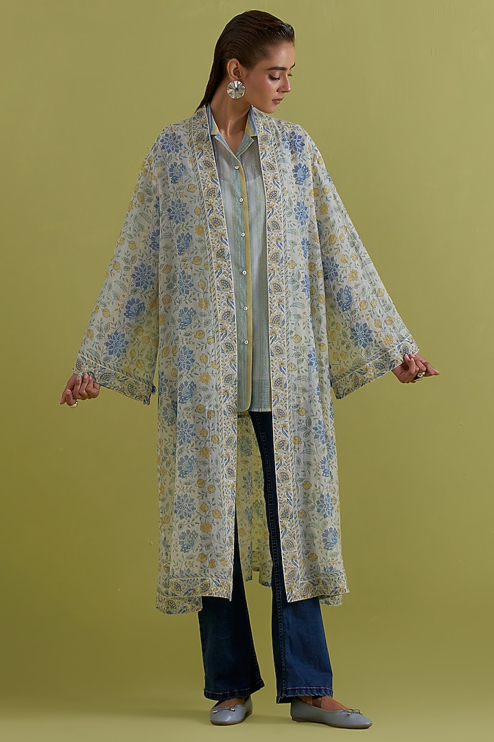 Blue & Yellow Cotton Chanderi Hand-Block Printed Long Overlay by Kora at Pernia's Pop Up Shop