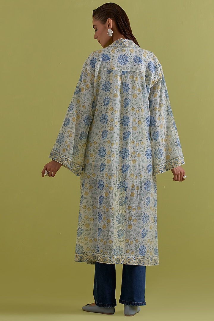 Blue & Yellow Cotton Chanderi Hand-Block Printed Long Overlay by Kora at Pernia's Pop Up Shop