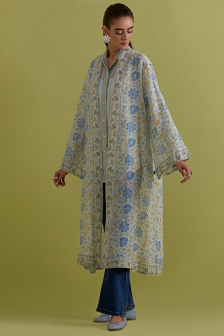 Blue & Yellow Cotton Chanderi Hand-Block Printed Long Overlay by Kora at Pernia's Pop Up Shop
