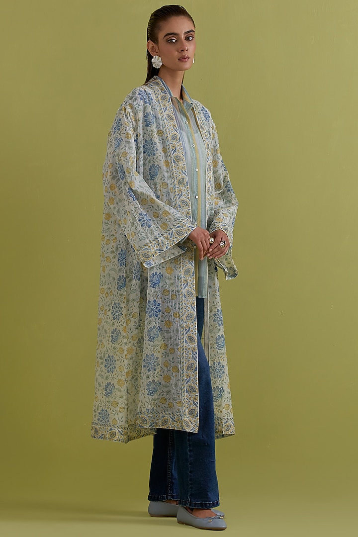 Blue & Yellow Cotton Chanderi Hand-Block Printed Long Overlay by Kora at Pernia's Pop Up Shop