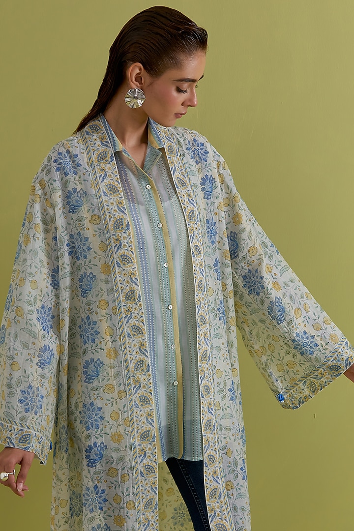 Blue & Yellow Cotton Chanderi Hand-Block Printed Long Overlay by Kora at Pernia's Pop Up Shop