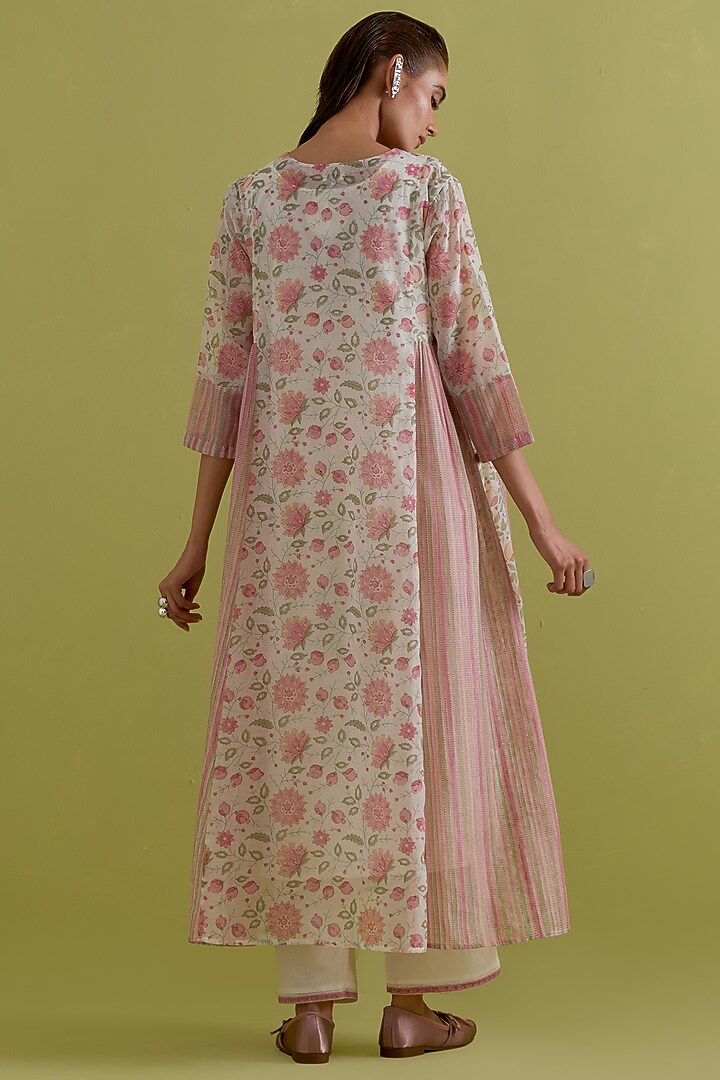 Pink & Green Cotton Chanderi Floral Printed Kurta Set by Kora at Pernia's Pop Up Shop