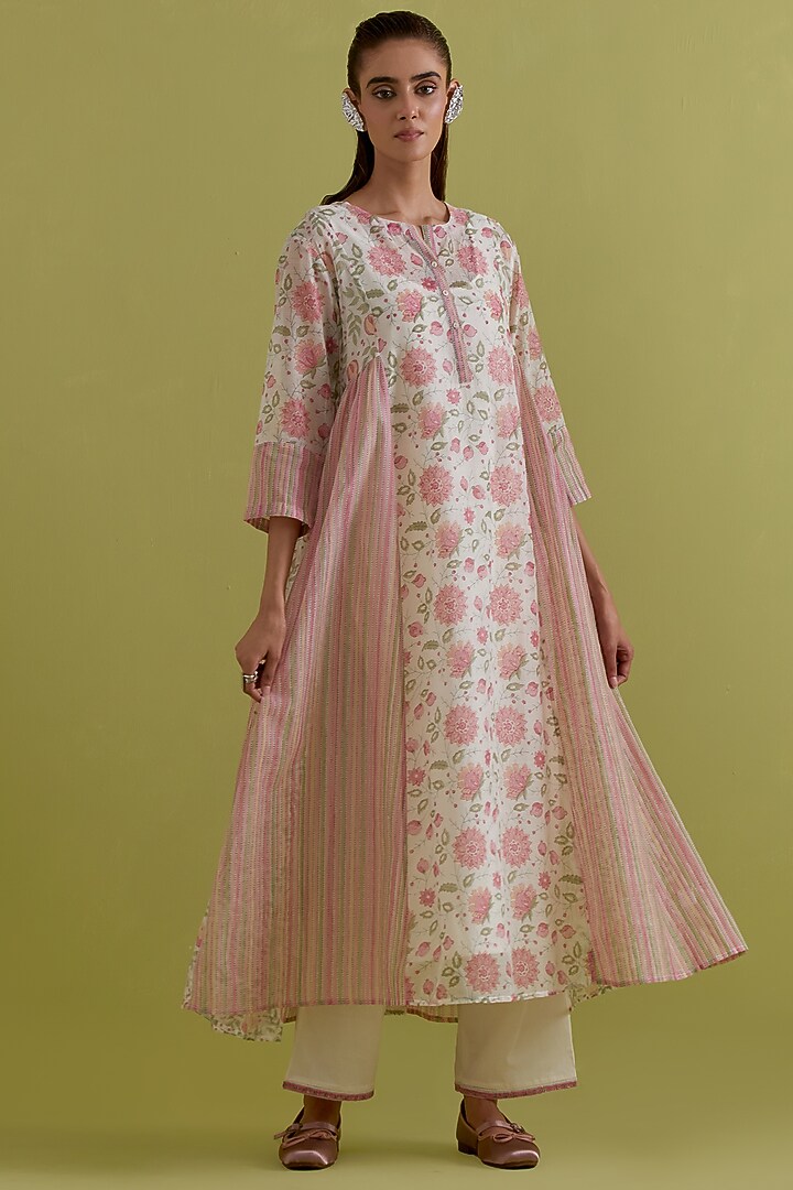 Pink & Green Cotton Chanderi Floral Printed Kurta Set by Kora at Pernia's Pop Up Shop
