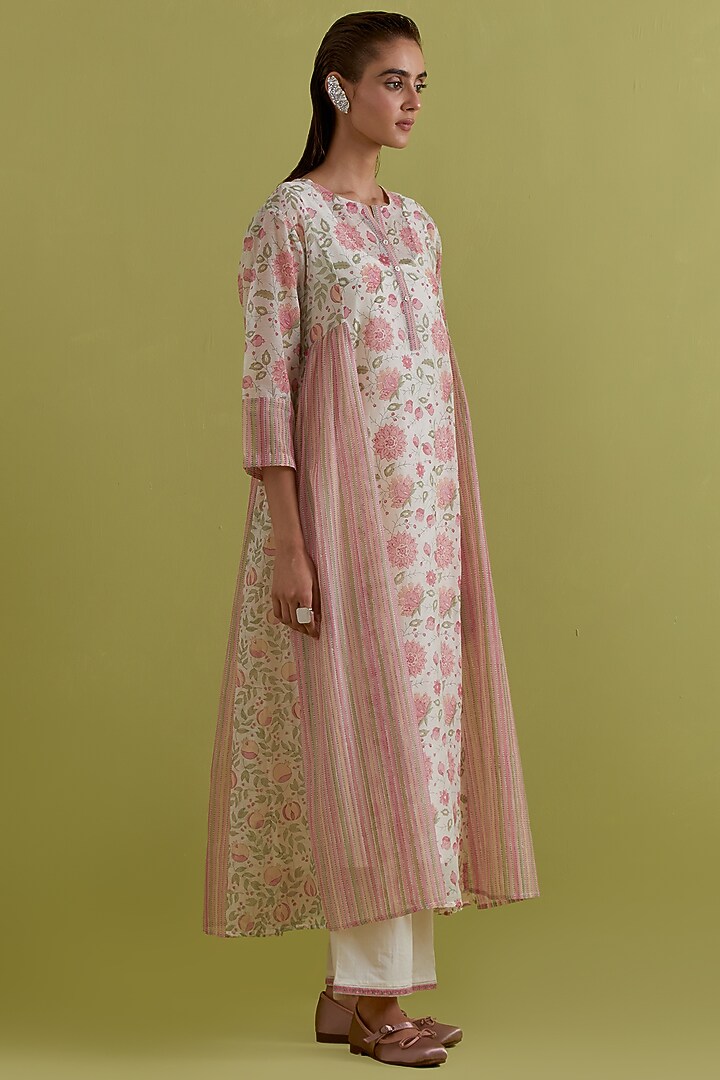 Pink & Green Cotton Chanderi Floral Printed Kurta Set by Kora at Pernia's Pop Up Shop