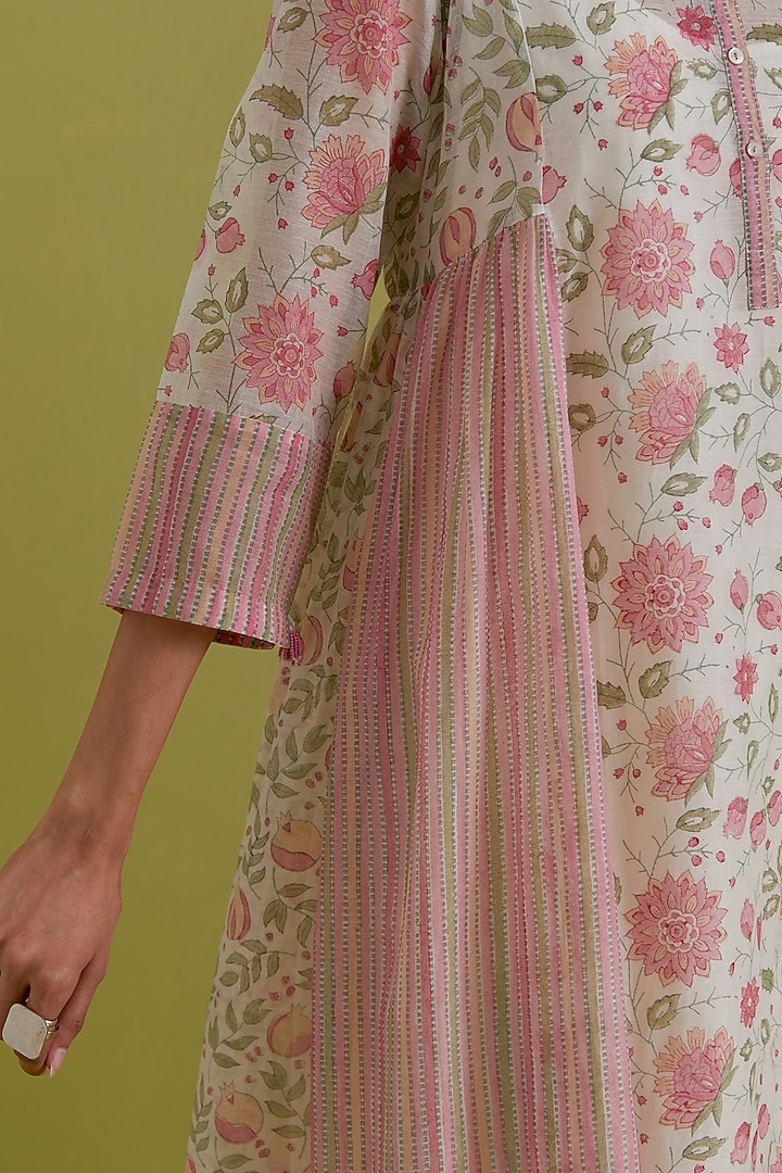 Pink & Green Cotton Chanderi Floral Printed Kurta Set by Kora at Pernia's Pop Up Shop