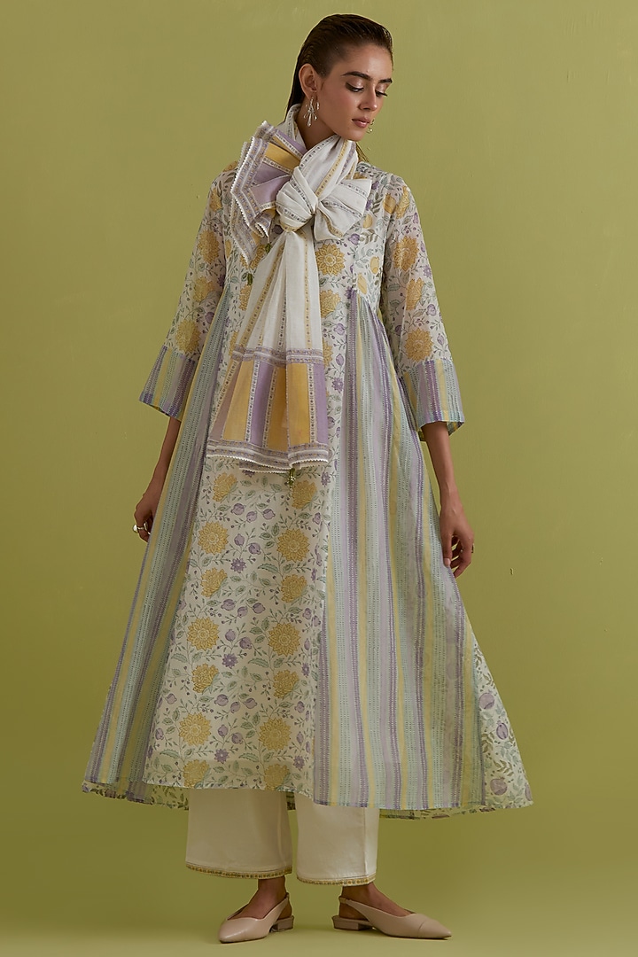 Yellow & Purple Cotton Chanderi Floral Printed Kurta Set by Kora at Pernia's Pop Up Shop